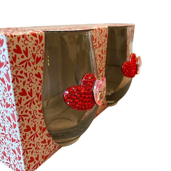 Valentines Day Jeweled HEARTS Stemless Wine Glasses Set of 2 Red & Pink New - Picture 14 of 14